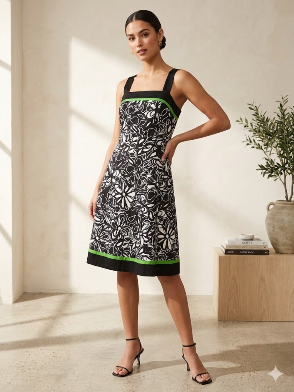 Dress Barn Black and White Floral Midi Dress with Green Trim